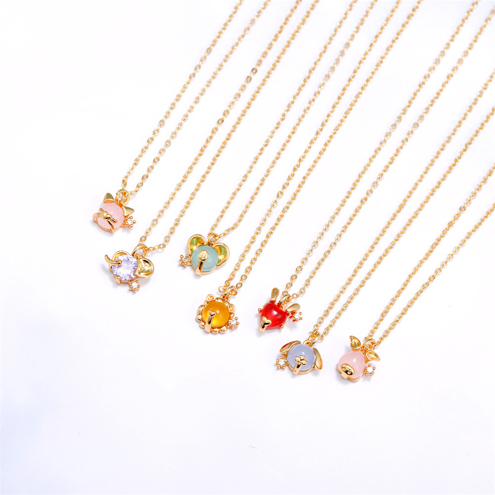 Animal Head Pendant Necklace Copper 18K Gold Plated Colorful Synthetic Gemstone Zirconia Cute Sweet Jewelry For Women