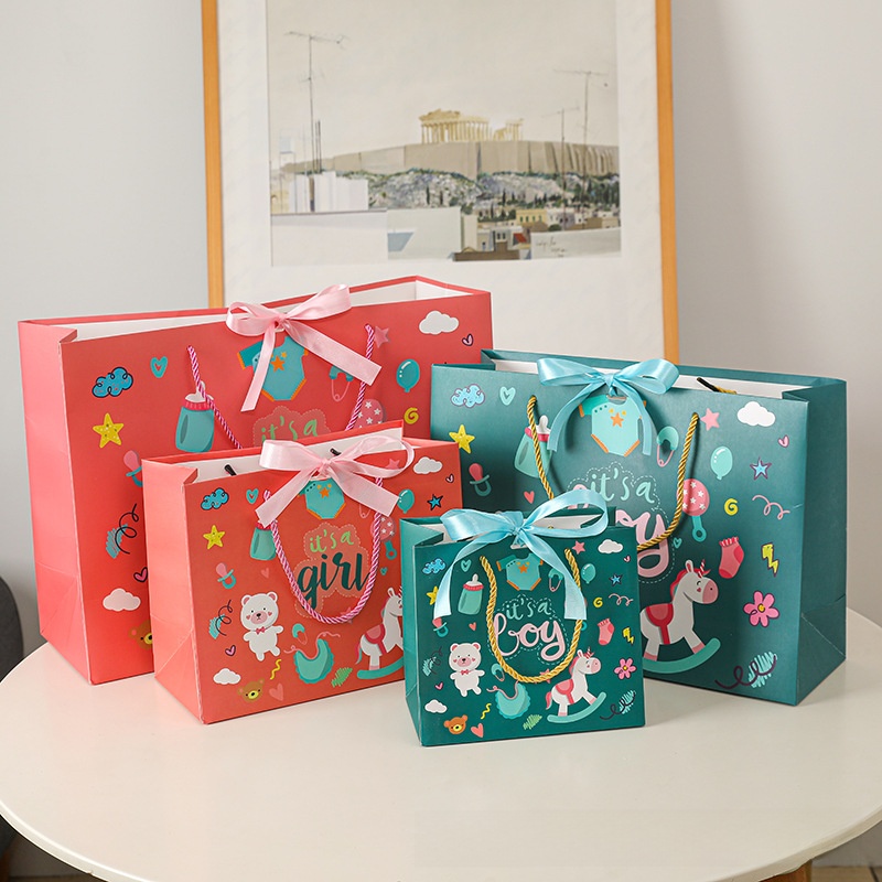 Baby Shower Gift Bags Paper it's a boy it's a girl Theme 250g White Cardboard Handbags With Ribbon Bow For Newborn Birthday Party Favor Bags