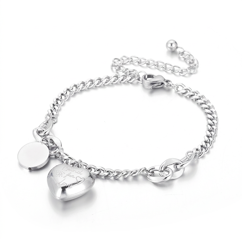 Heart Charm Curb Chain Bracelet Stainless Steel High Polished Adjustable Fashion Jewelry For Women