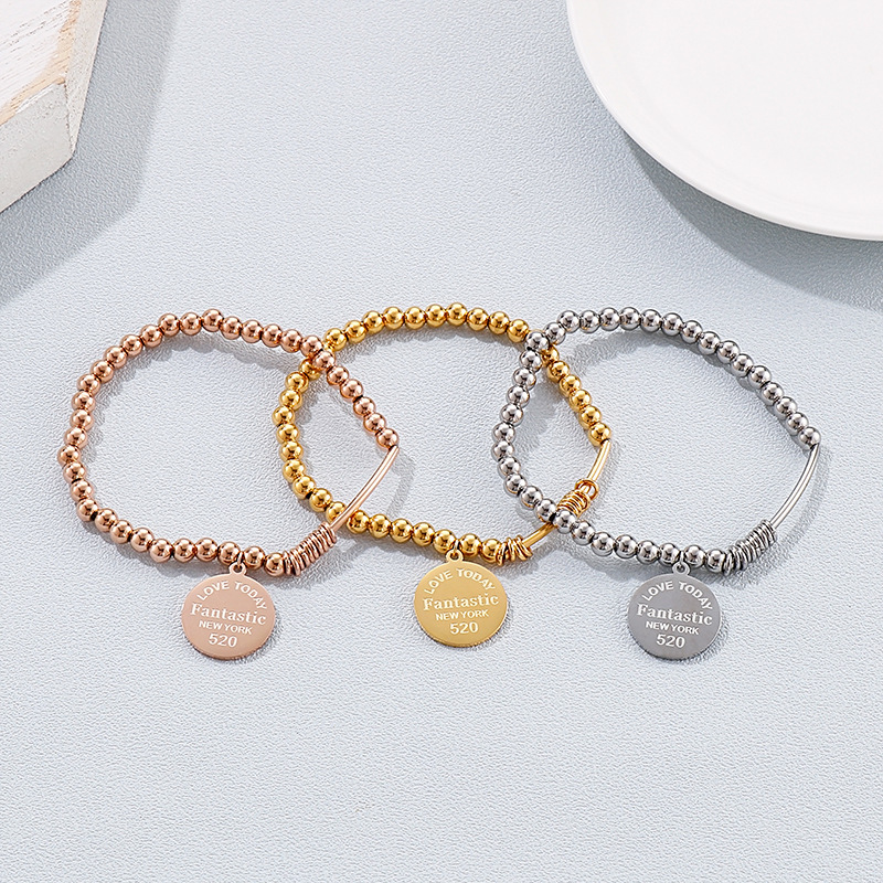 316L Stainless Steel Beaded Bracelet With Engraved Round Tag Love Today Fantastic New York 520 Charm Bracelet For Women Trendy Fashion Jewelry Gift