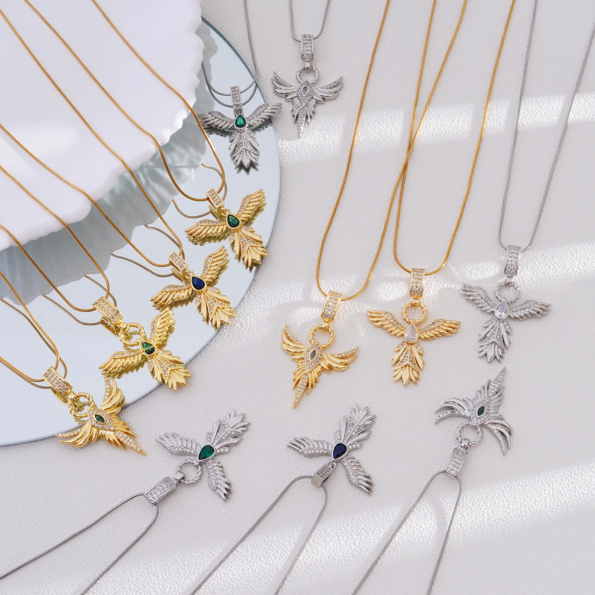 Phoenix Angel Wings Pendant Necklace Copper 18K Gold Plated Zirconia Water Drop Gemstone Snake Chain Jewelry For Women