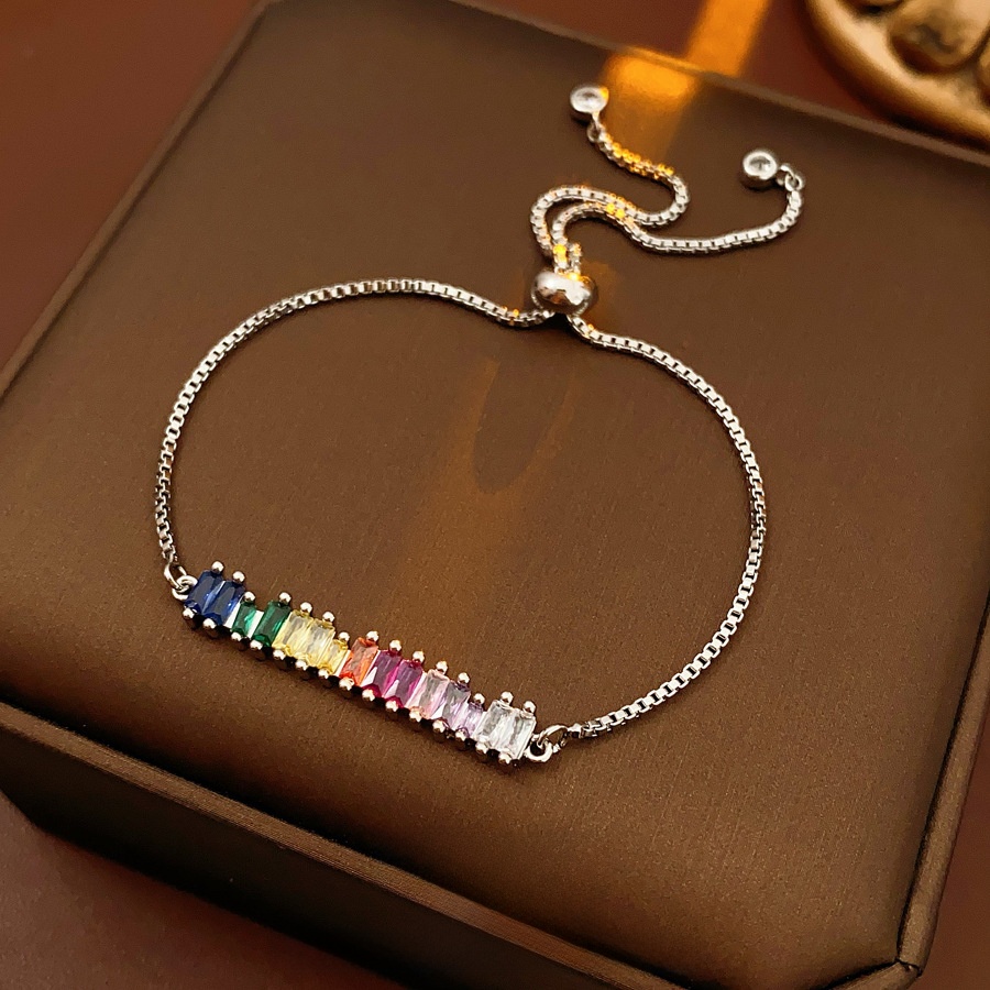 Rainbow Zirconia Copper Bracelet Adjustable Bolo Clasp Colorful Rectangle Step Cut Gemstone Link Chain For Women Party Wedding Fashion Jewelry