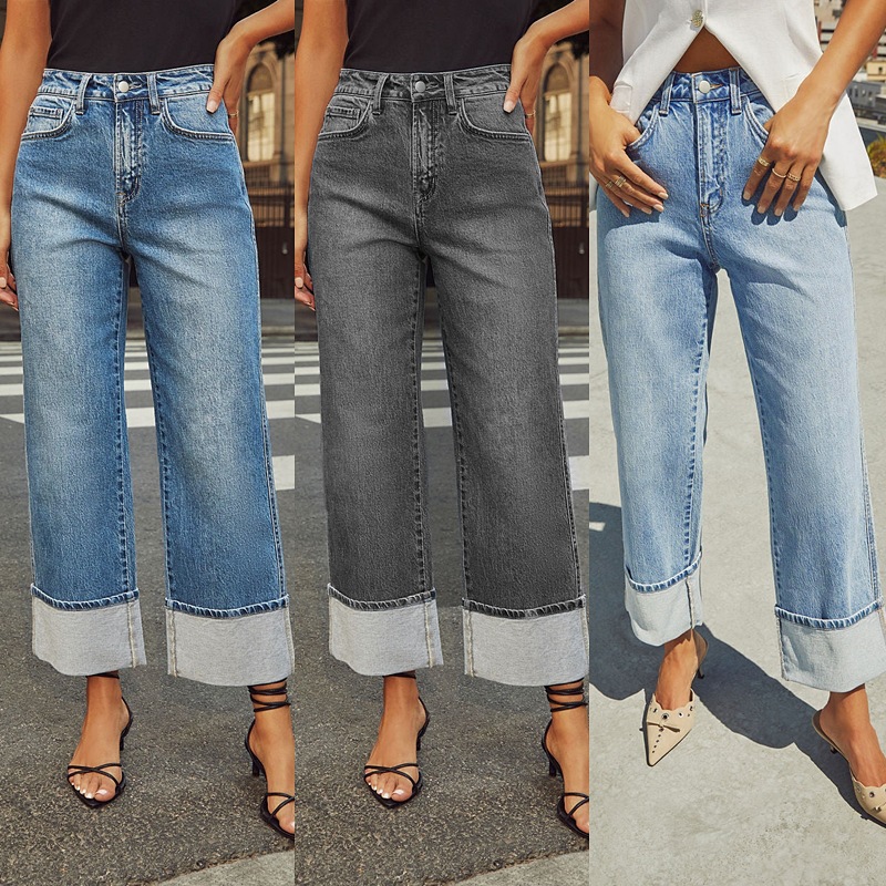 Women's High Waisted Straight Leg Jeans Wide Cuffed Hem Stretch Denim Pants Retro Streetwear Trousers Long Jeans