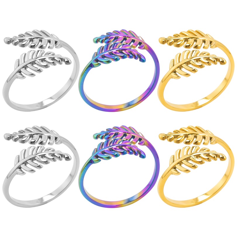 Leaf Design Open Ring Stainless Steel Adjustable Band Minimalist Jewelry For Women Elegant