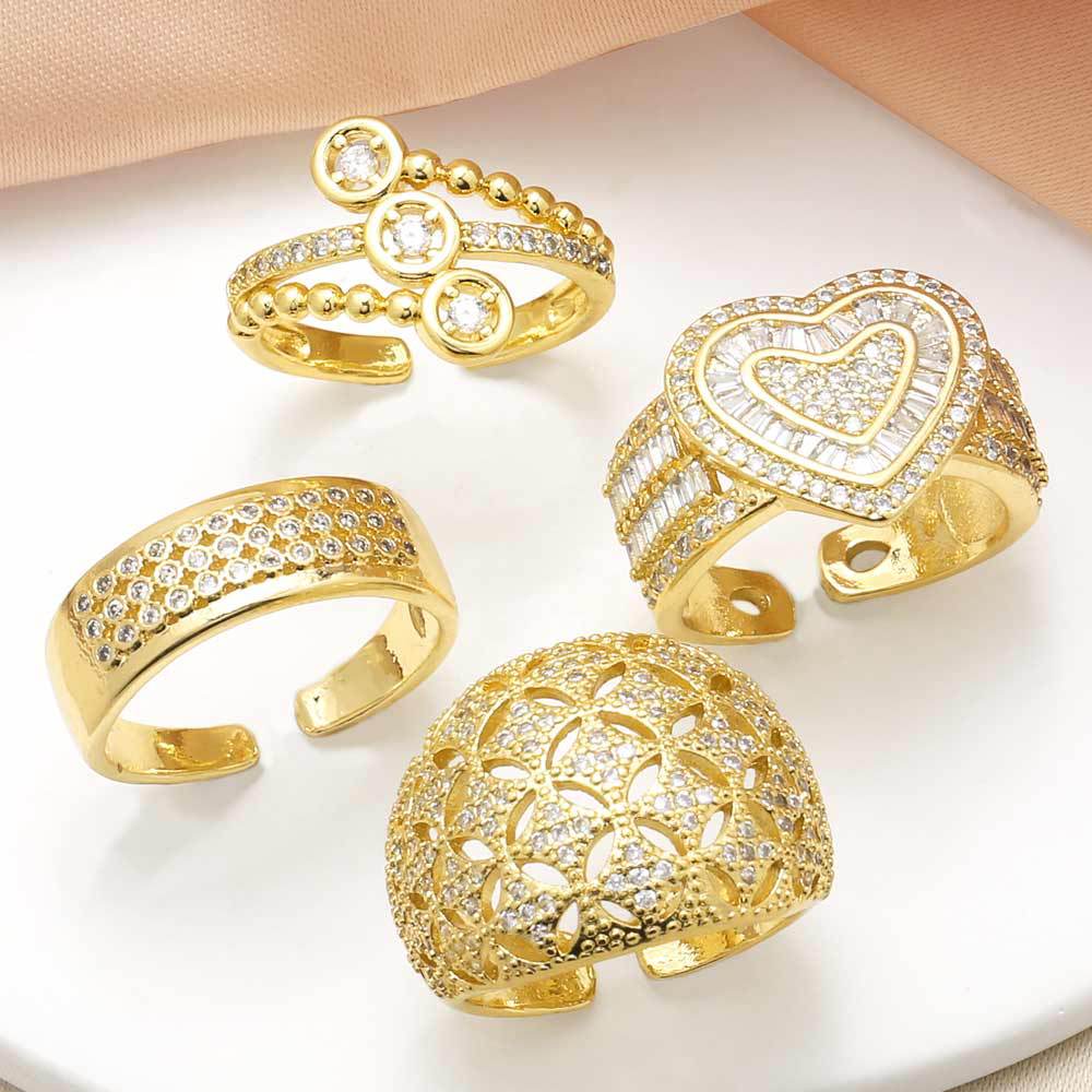 Heart Hollow Copper Zircon Gold Plated Open Ring Adjustable Geometric Fashion For Women