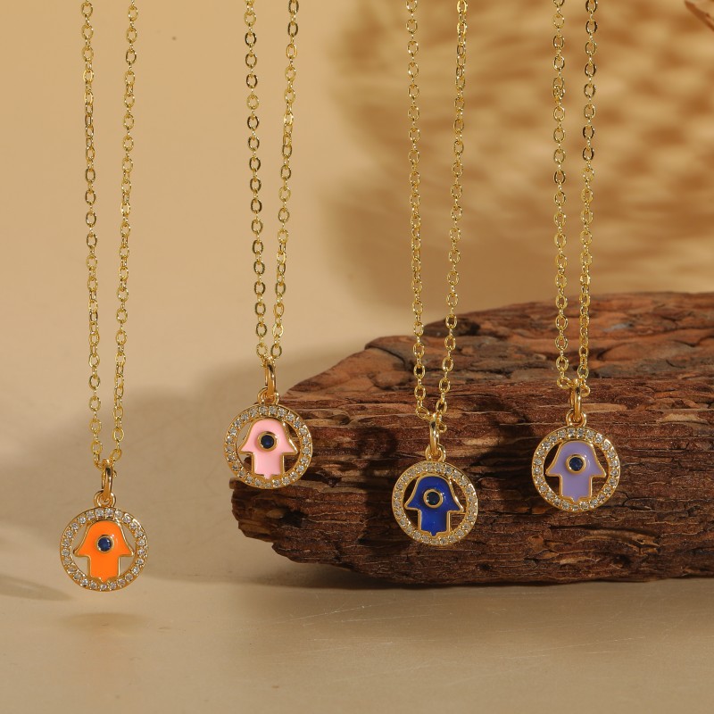 Hamsa Hand Evil Eye Pendant Necklace Brass Enamel Zircon Bohemian Charm Clavicle Chain Jewelry For Women