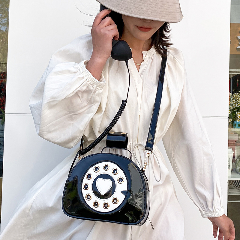 Creative Retro Rotary Telephone Shaped Crossbody Bag for Women Sweet Y2K Style Patent Leather Handbag with Handset Handle and Coiled Cord Decoration