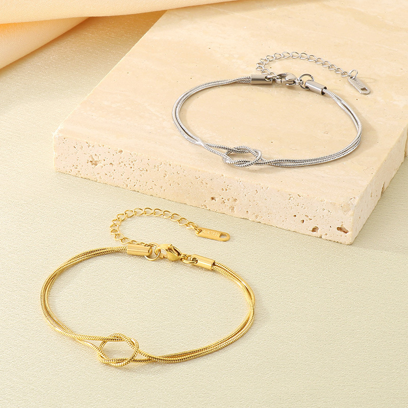 Minimalist Stainless Steel Knot Snake Chain Bracelet for Women Elegant Adjustable Double Layer Look Gold Silver Fashion Jewelry