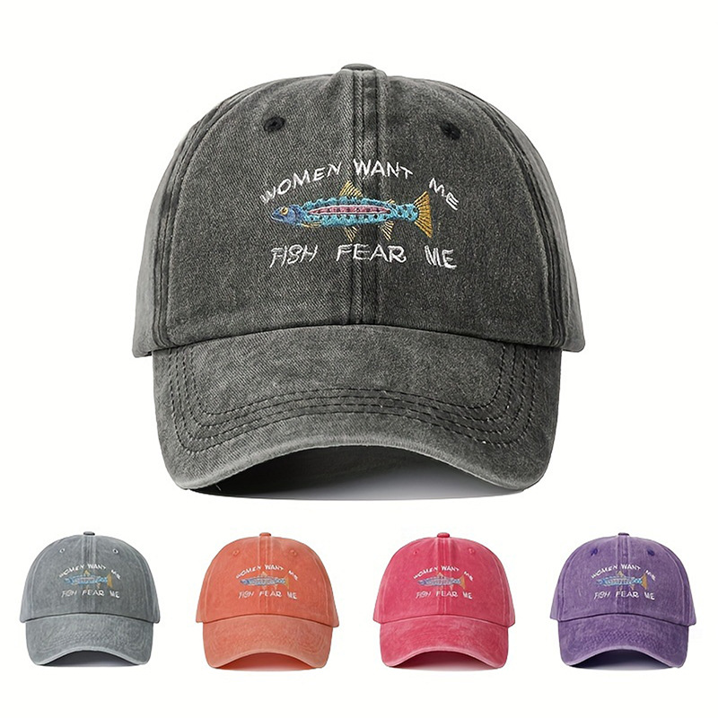 Women Want Me Fish Fear Me Embroidered Washed Baseball Cap Retro Distressed Outdoor Fishing Sun Hat For Men Women Adjustable Graphic Trucker Hat