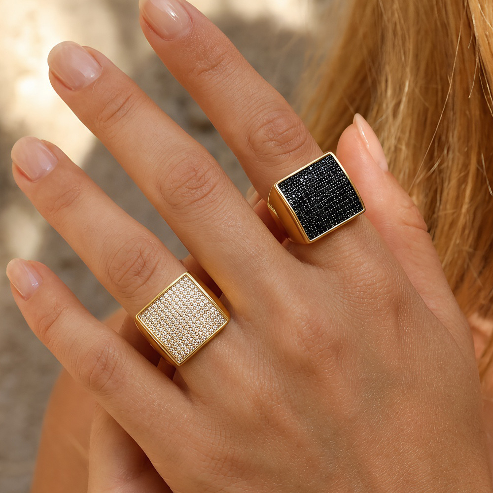 Square Face Ring Gold Plated Copper Pavé Zircon Geometric Hip Hop Style Adjustable Unisex