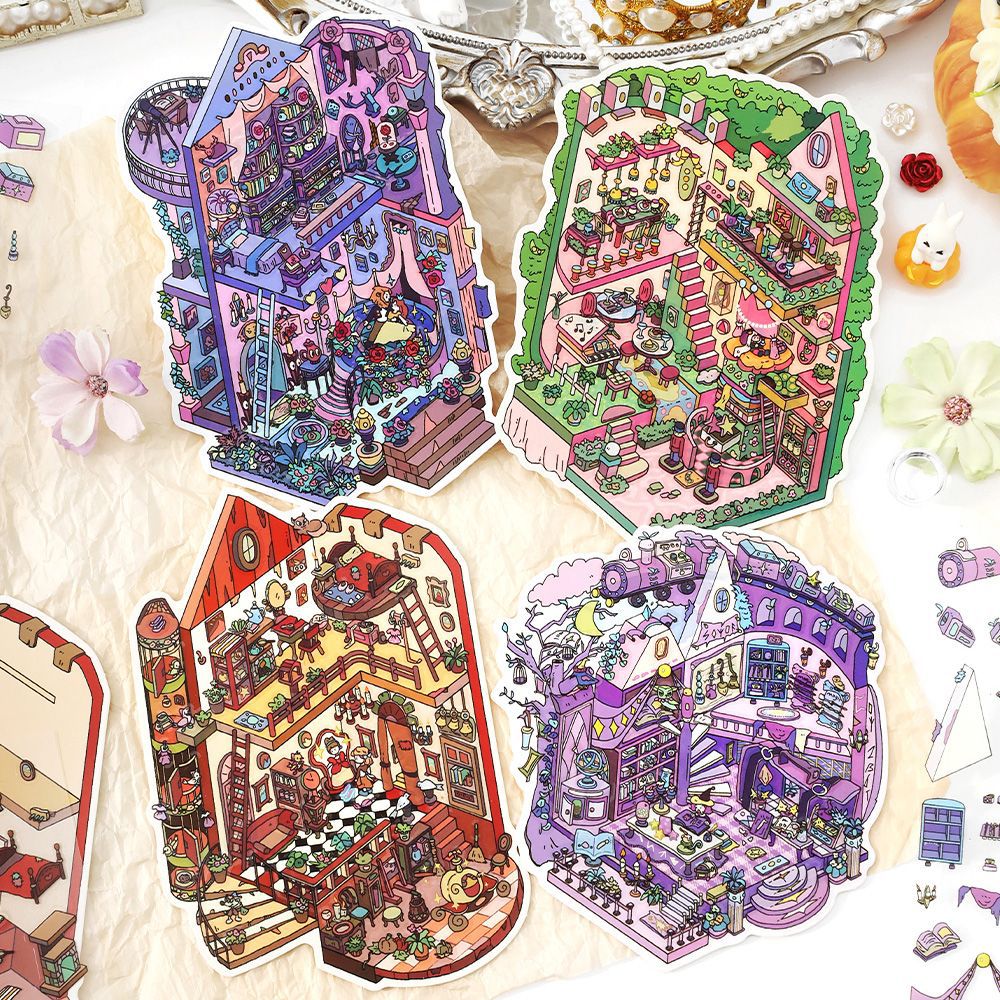 2.5D Isometric DIY Room Scene Stickers Set PET Waterproof Miniature Landscape Decoration For Scrapbooking Journaling Hand Account Stationery Crafts Adults Kids