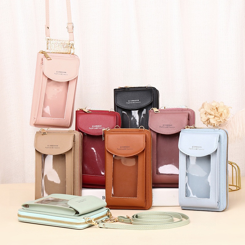 Women Touch Screen Mobile Phone Bag PU Leather Crossbody Shoulder Bag With Transparent Window Card Holder Solid Color Fashion Ladies Handbag