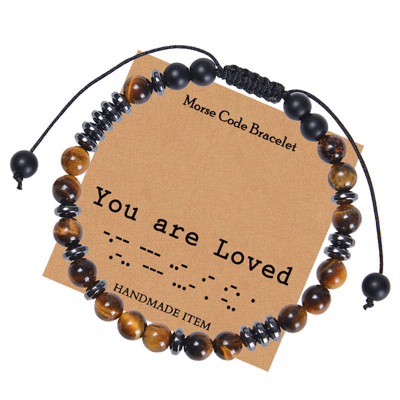 Handmade Morse Code Bracelet Natural Tiger Eye Matte Stone Beaded Adjustable Rope Bracelet For Son Daughter Boyfriend Inspirational Birthday Gift Jewelry