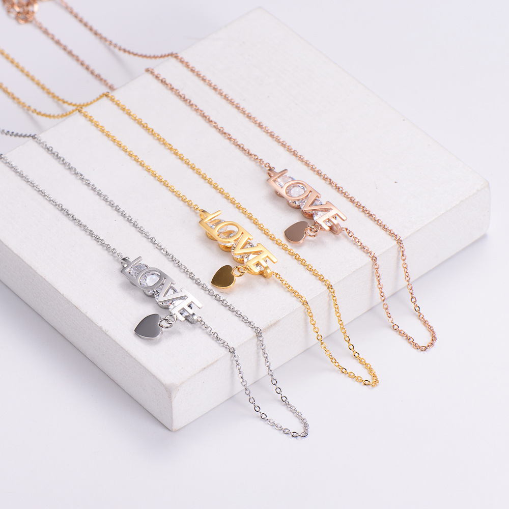 LOVE Letters Pendant Necklace Stainless Steel Cubic Zirconia Heart Charm Clavicle Chain Jewelry Women Vintage Style