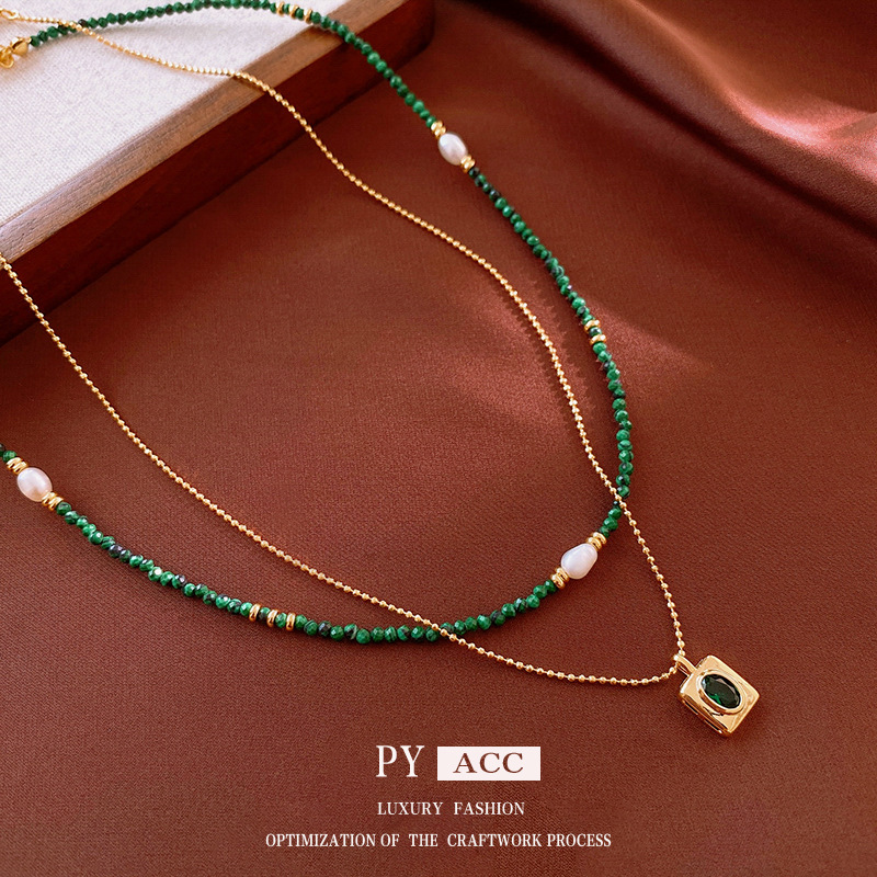Vintage Double Layer Pearl Necklace Green Malachite Style Beads Rectangular Emerald Green Zircon Pendant Gold Plated Copper Chain Jewelry for Women