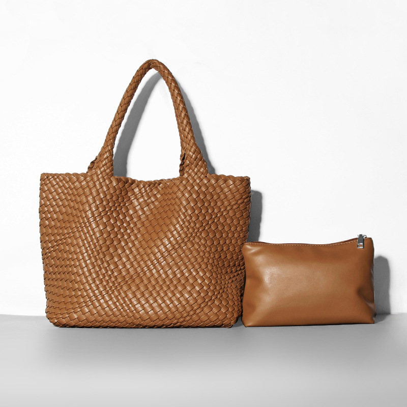 Luxury Woven Vegan Leather Tote Bag For Women Large Capacity Intrecciato Style Shoulder Bag With Inner Pouch Handbag Set For Beach Travel Daily Office