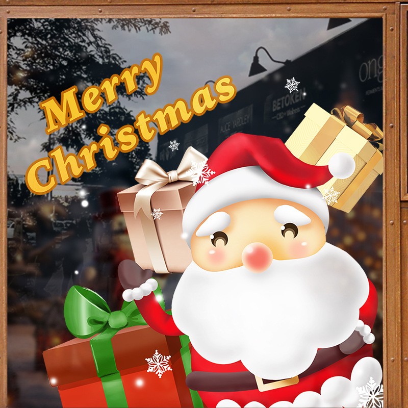 Christmas Window Stickers PVC Static Cling Reusable Double Sided UV Printing Cartoon Santa Claus Gift Box Pattern For Shop Home Glass Decoration Easy To Apply