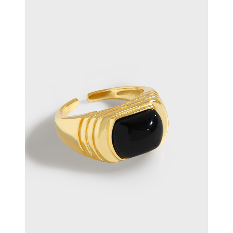 S925 Sterling Silver Black Agate Step Ring Minimalist Geometric Open Adjustable Band Ring Gold Platinum Plated Vintage Jewelry For Women