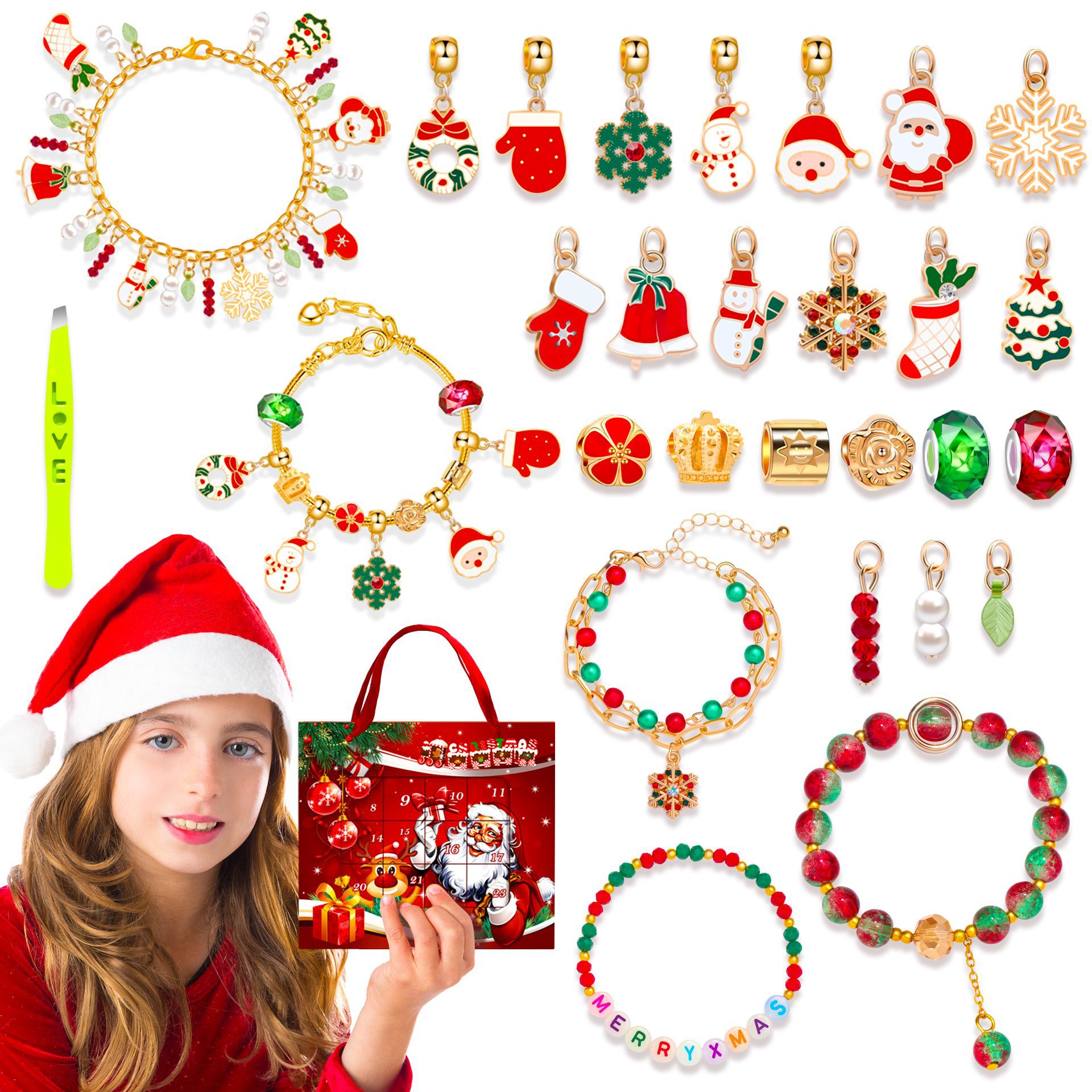 24 Days Christmas Advent Calendar Jewelry Bracelet Set DIY Beaded Alloy Crystal Charms Kit For Girls Kids Xmas Surprise Party Gift