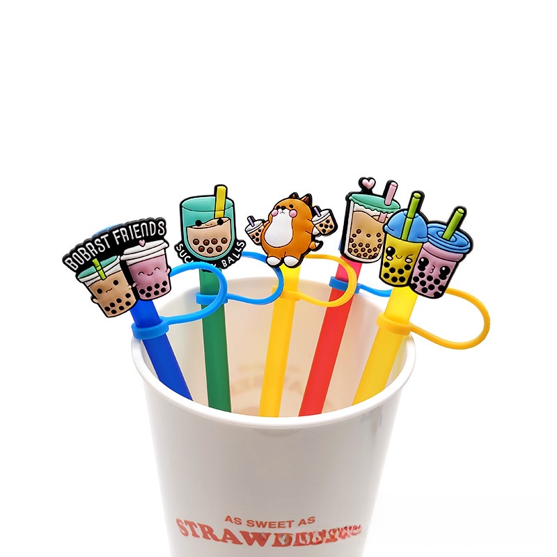Boba Milk Tea And Cute Animal Reusable Silicone Straw Covers Dustproof Straw Toppers For 7-8mm Straws Kawaii Drinkware Decoration Accessories For Home Party