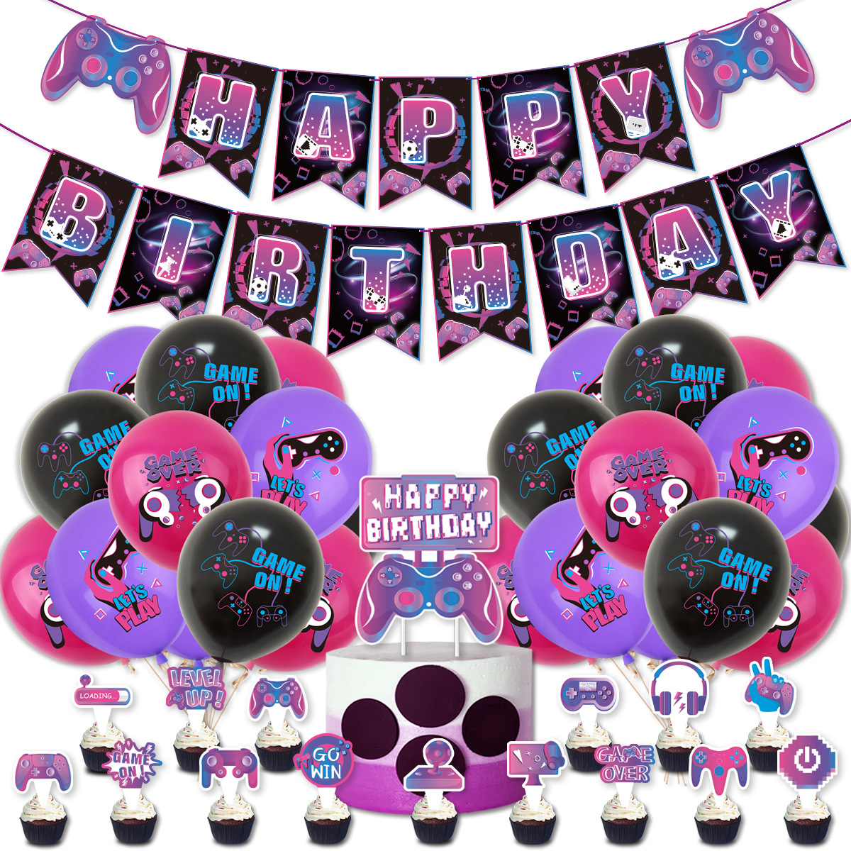 Video Game Birthday Party Decoration Set Level Up Gaming Theme Happy Birthday Banner Latex Balloons Cake Toppers For Kids Boys Gamer Party Supplies