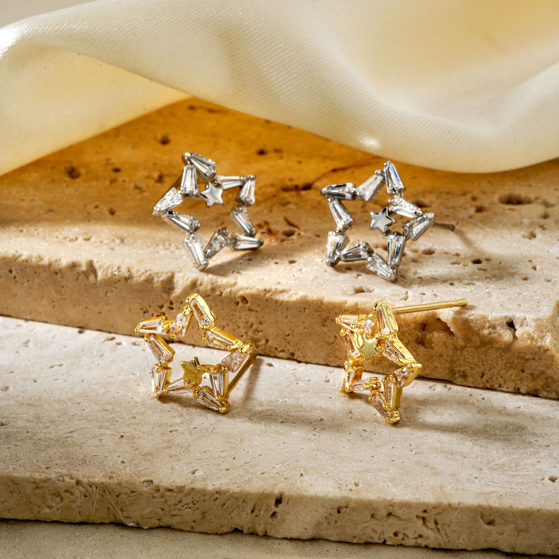 Hollow Star Stud Earrings Copper Inlaid With Zircon Elegant Trendy Jewelry Earring Post