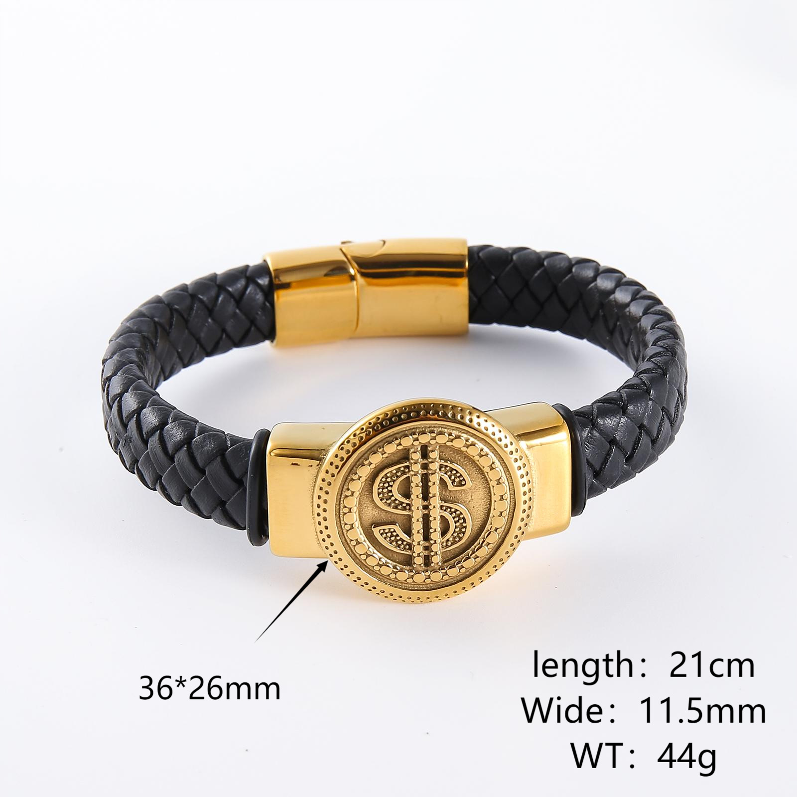 Men Braided Leather Bracelet With Gold Dollar Sign Stainless Steel Magnetic Clasp Vintage Hip Hop Jewelry