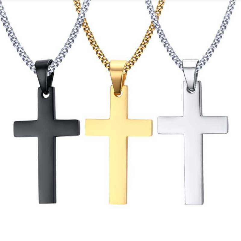 Classic Alloy Cross Pendant Necklace With 45+5CM Link Chain For Men Women Minimalist Christian Jewelry Black Gold Silver Options