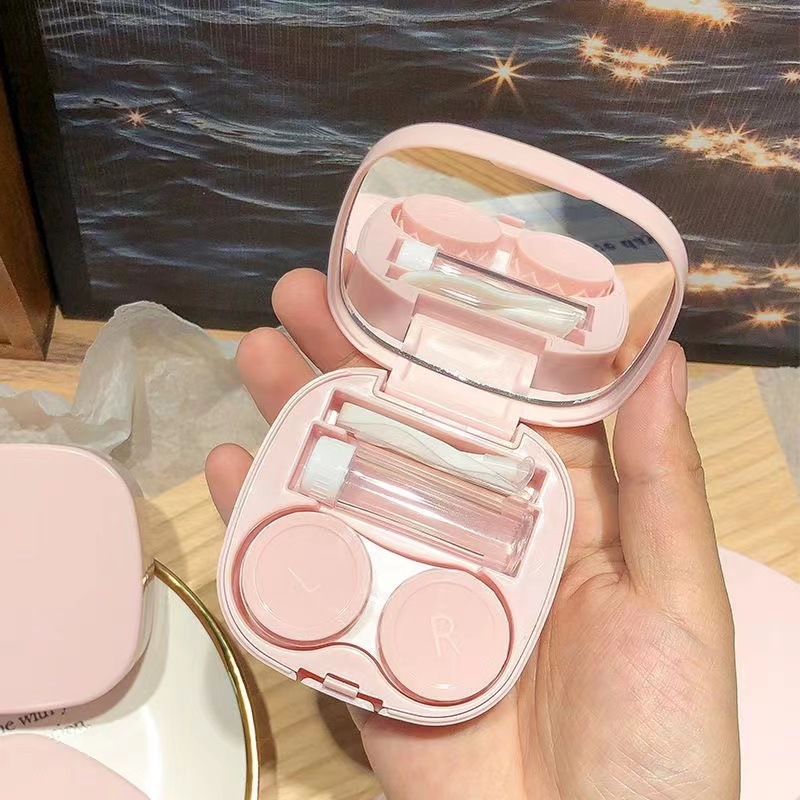 Portable Contact Lens Case Set Plastic Mini Beauty Lens Container With Mirror Tweezers Solution Bottle Suction Stick Cute Storage Box For Travel Daily Women Girls