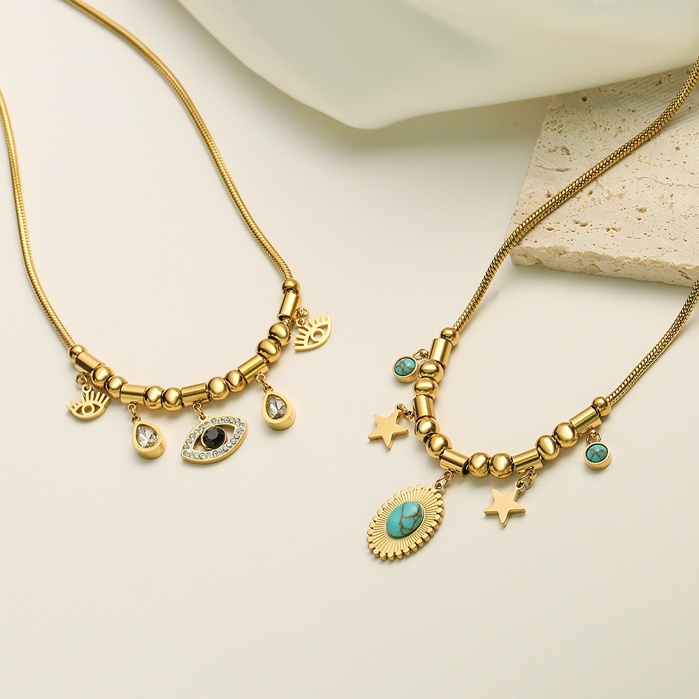 Stainless Steel Gold Plated Evil Eye Pendant Necklace Women Turquoise Star Sun Charm Snake Chain Fashion Jewelry