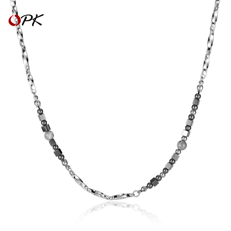 Modern Stainless Steel Necklace With Hematite Geometric Cubic Beads Industrial Minimalist Jewelry For Men Women