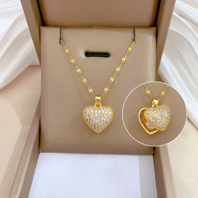 Exquisite Heart Locket Pendant Necklace Gold Plated Stainless Steel Chain Copper Pave Cubic Zirconia With Pearl Inside Romantic Women Jewelry Gift