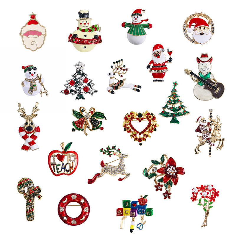 Vintage Christmas Brooches Pins For Women Men Alloy Enamel Rhinestone Santa Claus Christmas Tree Snowman Reindeer Angel Wreath Bells Stocking Festive Decorative Lapel Pins Jewelry Gifts
