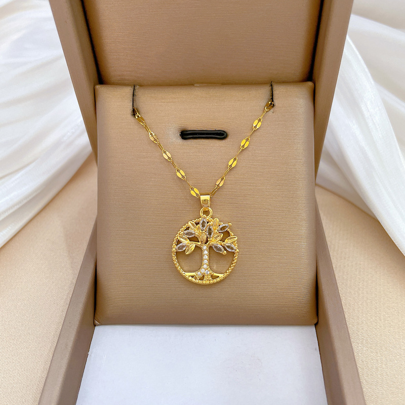 Tree Of Life Pendant Necklace Stainless Steel Chain Copper Micro Inlaid Rhinestone For Women Gold Color Elegant