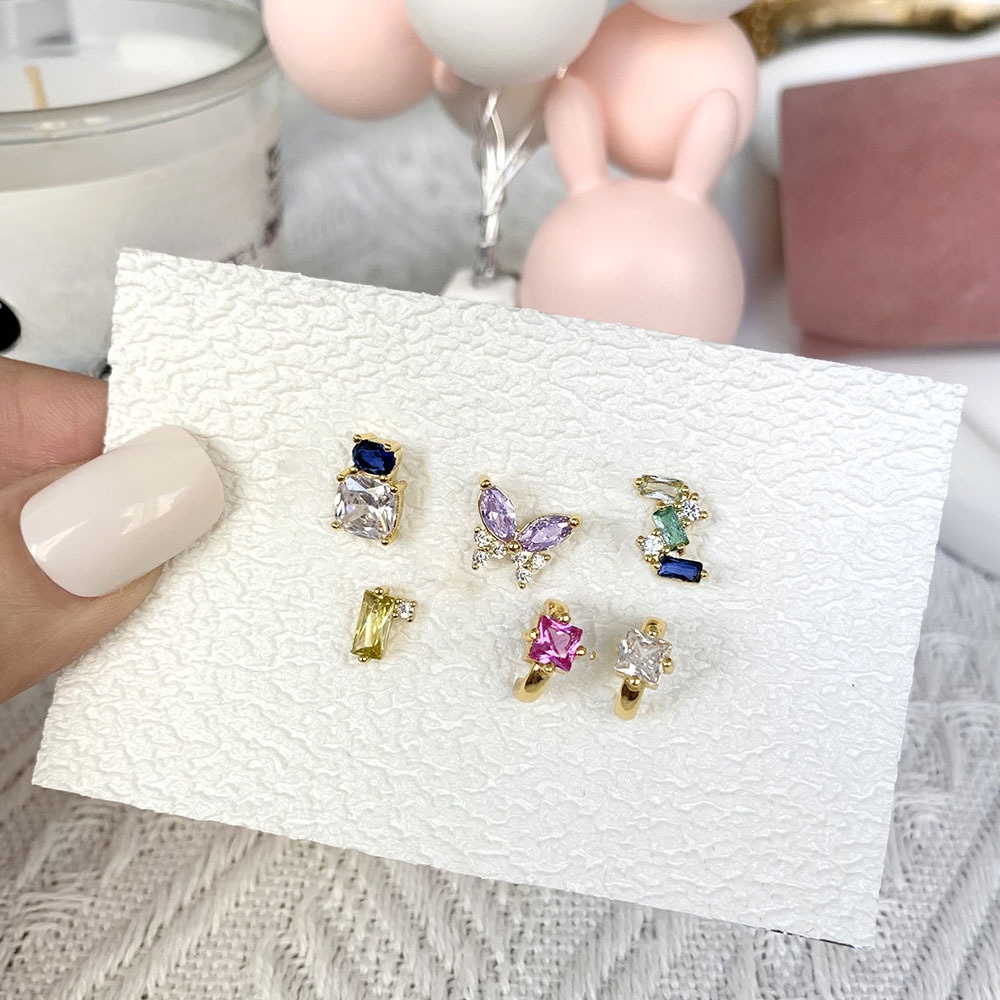 Brass Zircon Stud Earrings Colorful Butterfly Geometric Small Dainty Jewelry For Women With Brass Earring Post