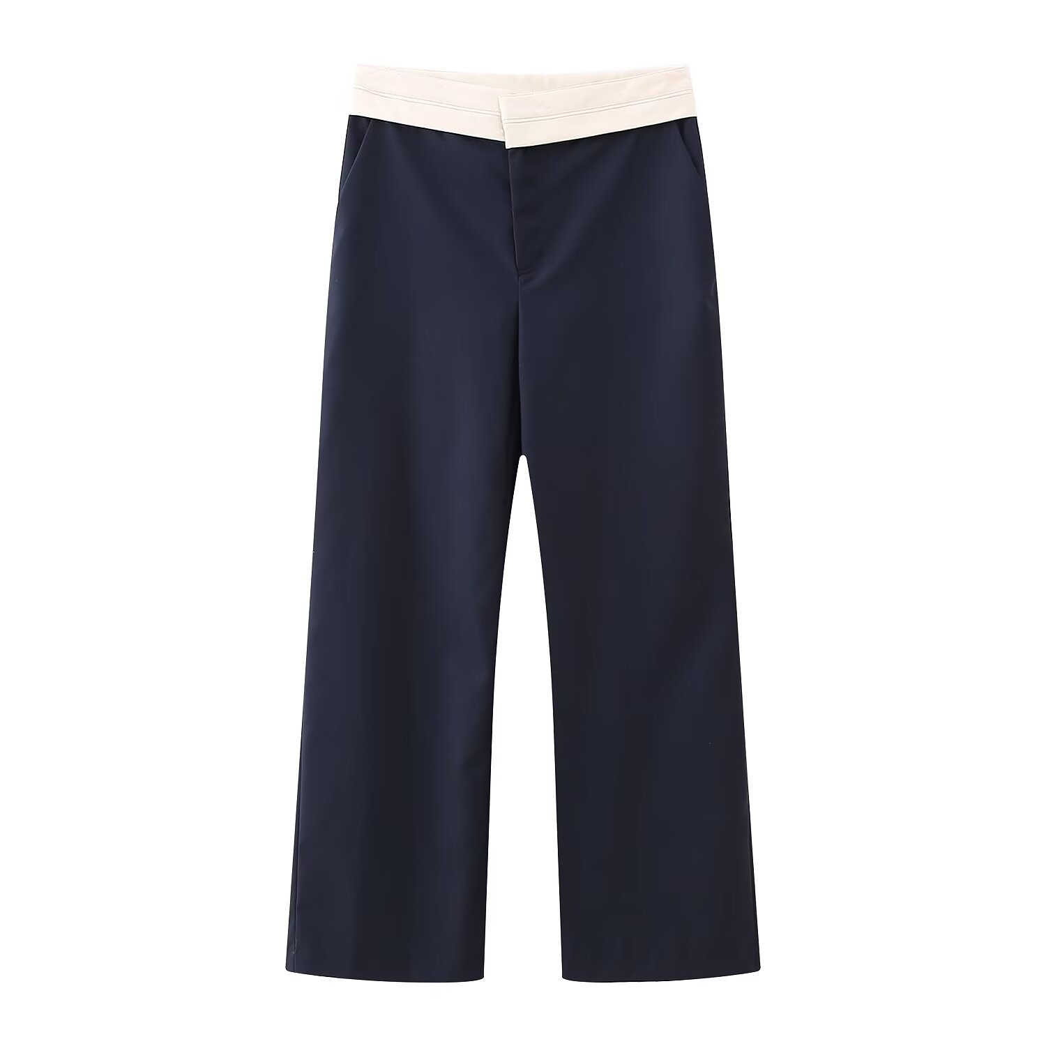 Women's High Waist Contrast Waistband Straight Leg Trousers Casual Loose Suit Pants Autumn Office Commute Navy Blue Fashion Long Pants