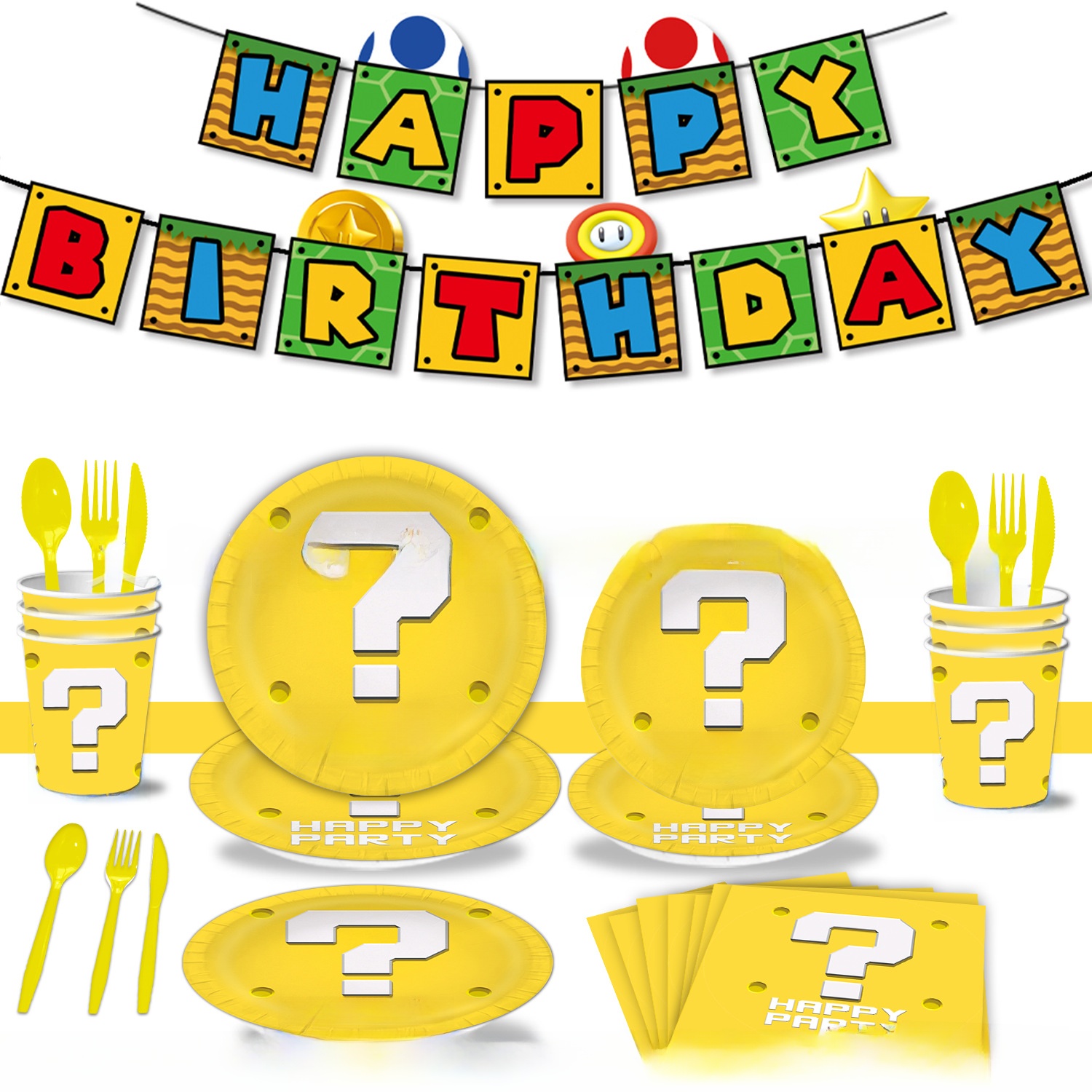 Yellow Question Mark Theme Party Supplies Disposable Tableware Set Paper Plates Cups Napkins For Kids Birthday Party Decoration Mario Style Set