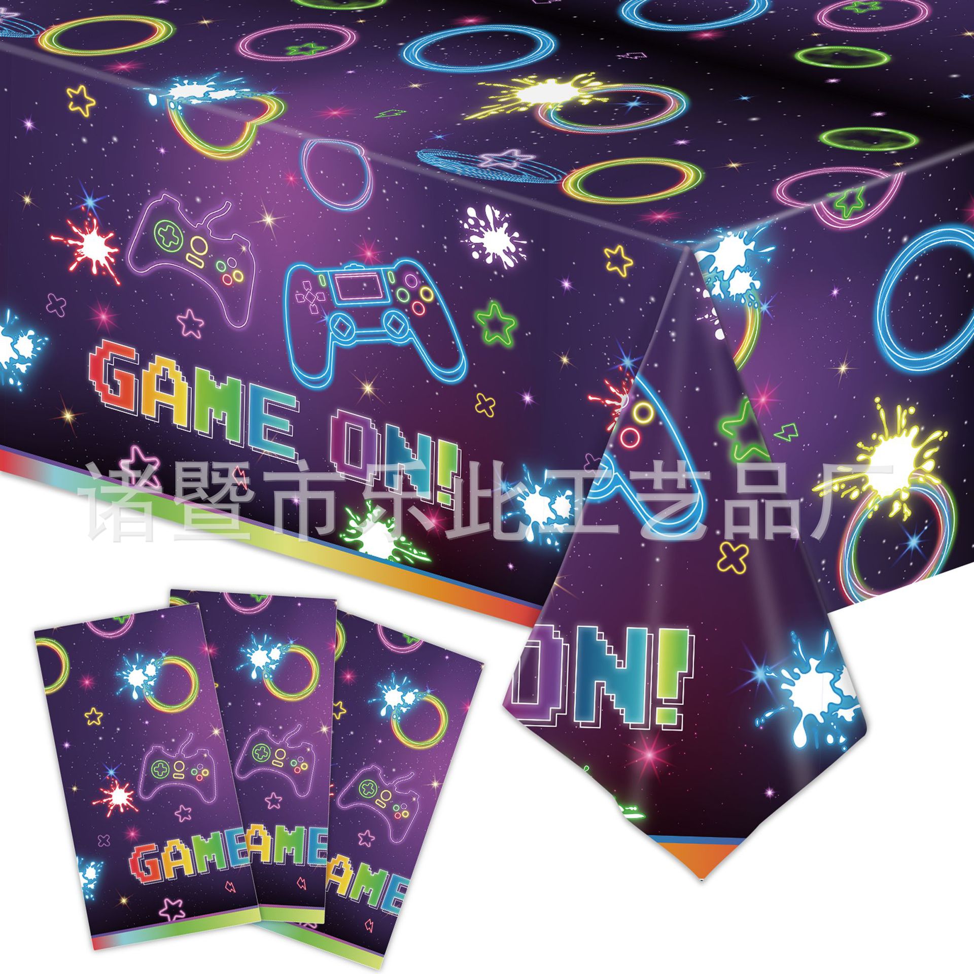 Neon Game Theme Party Tablecloth Plastic Waterproof Rectangular Table Cover Game On Controller Design For Kids Boys Video Game Birthday Party Decorations Supplies