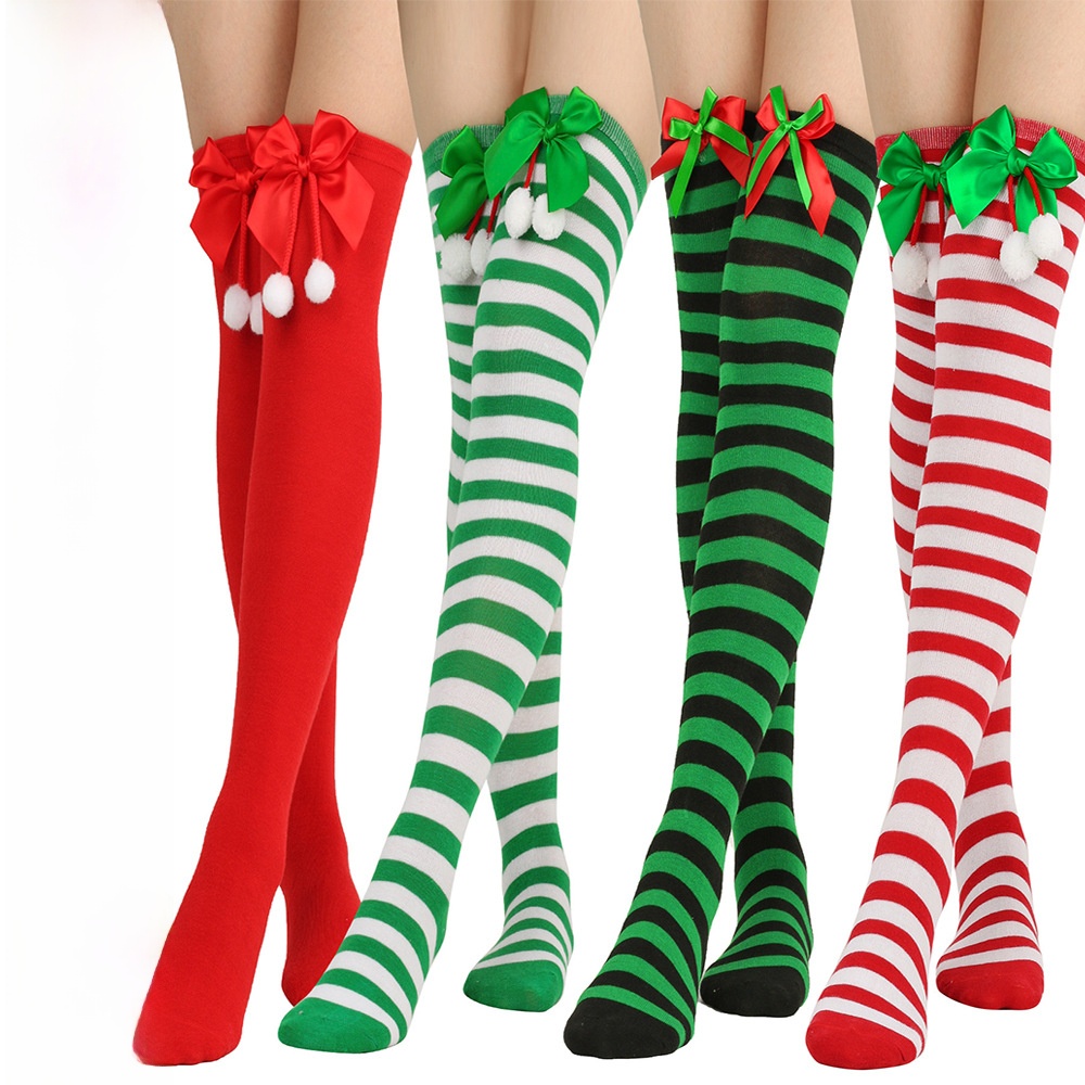 Amazon Supply Christmas Daily Necessities Christmas Socks Black And Green Striped Bow Socks Gloves Dance Costume Props