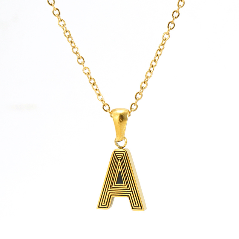 Gold Letter Pendant Necklace For Women Men 18K Gold Plated Stainless Steel Black Enamel Initial A-E Concentric Texture O-Chain Minimalist Jewelry Gift