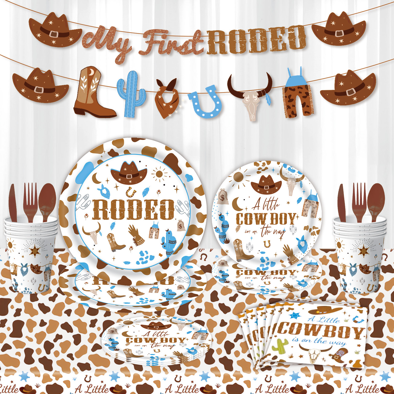 Western Cowboy Theme Party Tableware Set Rodeo Birthday Disposable Paper Plates Cups Napkins Banner Tablecloth Cutlery Kit For Kids Baby Shower Rodeo Party Decorations