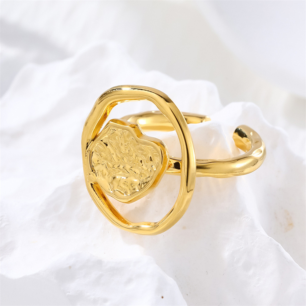 Geometric Irregular Open Ring 18K Gold Plated Titanium Steel Adjustable Textured Heart Hollow Jewelry For Women