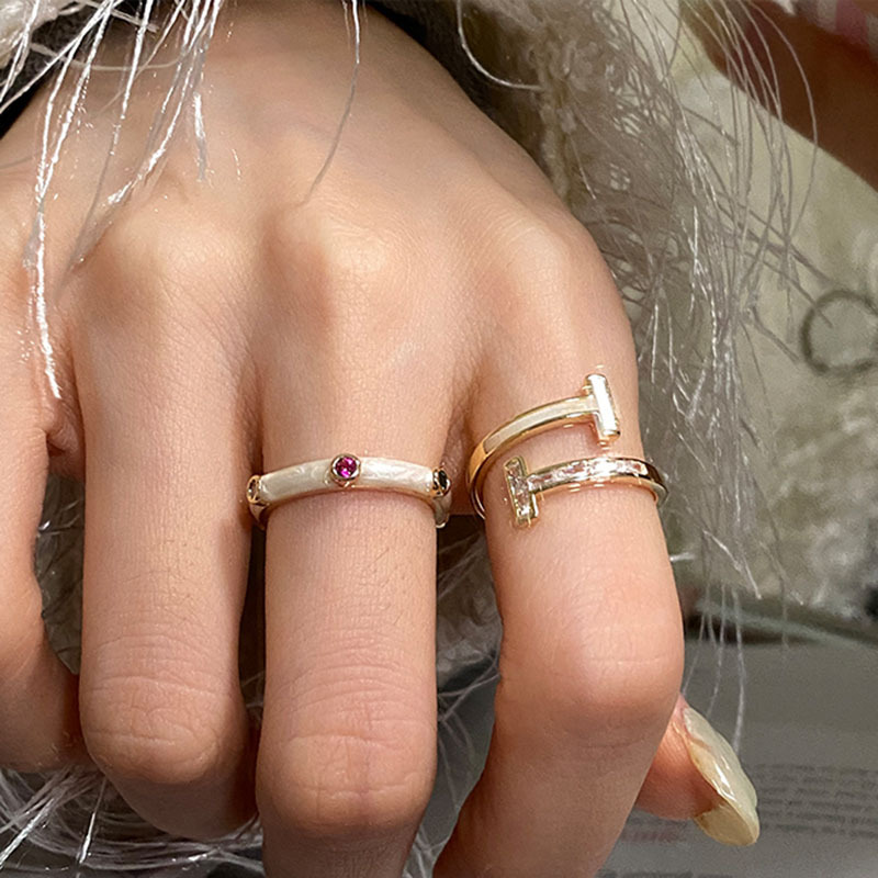 Vintage Colorful Rhinestone Enamel Copper Open Ring Mother Of Pearl T-Shaped Adjustable Fashion Jewelry For Women