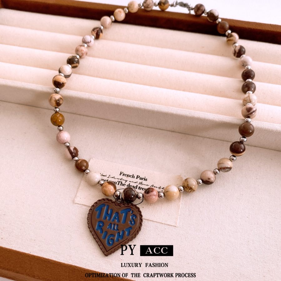 Vintage Bohemian Beaded Necklace With Heart Pendant Letter Print That's All Right Earth Tone Stone Beads Alloy Spacer Jewelry For Women Daily Travel Accessories