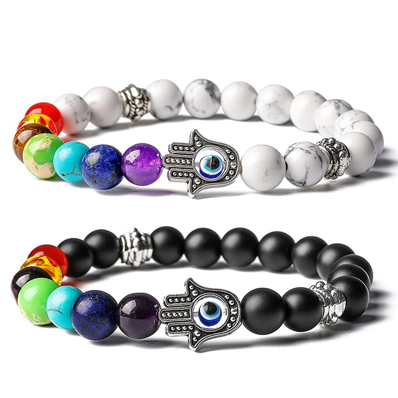 Seven Chakra Natural Stone Beads Bracelet Women Men Healing Balance Hamsa Hand Evil Eye Matte Onyx White Howlite Yoga Jewelry