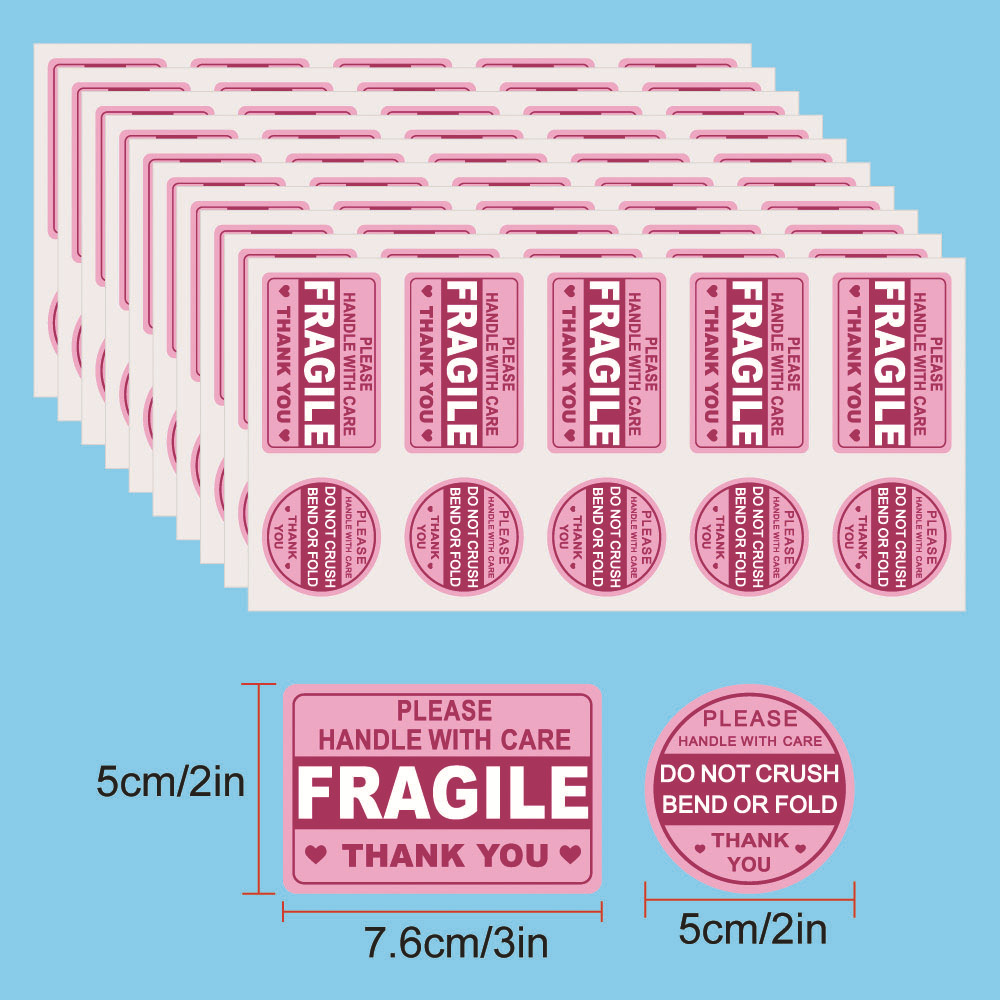 100PCS Pink Fragile Stickers Handle With Care Warning Labels Do Not Crush Bend Or Fold Self-Adhesive Shipping Labels For Shipping Moving Packaging Supplies