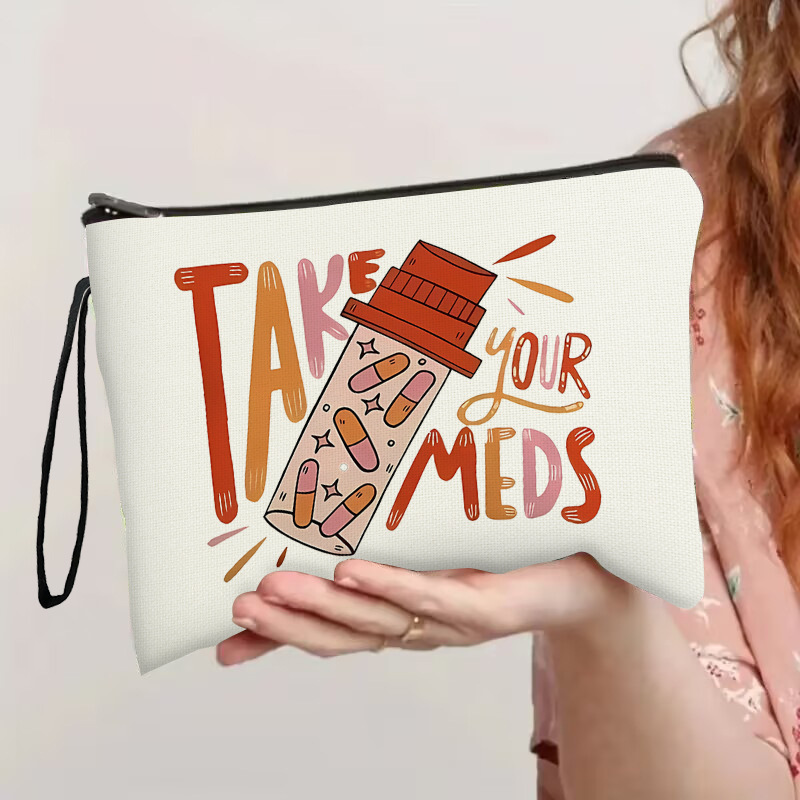 Portable Take Your Meds Print Fine Linen Makeup Bag Zipper Canvas Toiletry Wash Bag Multifunctional Travel Storage Pouch Stationery Case For Women Men