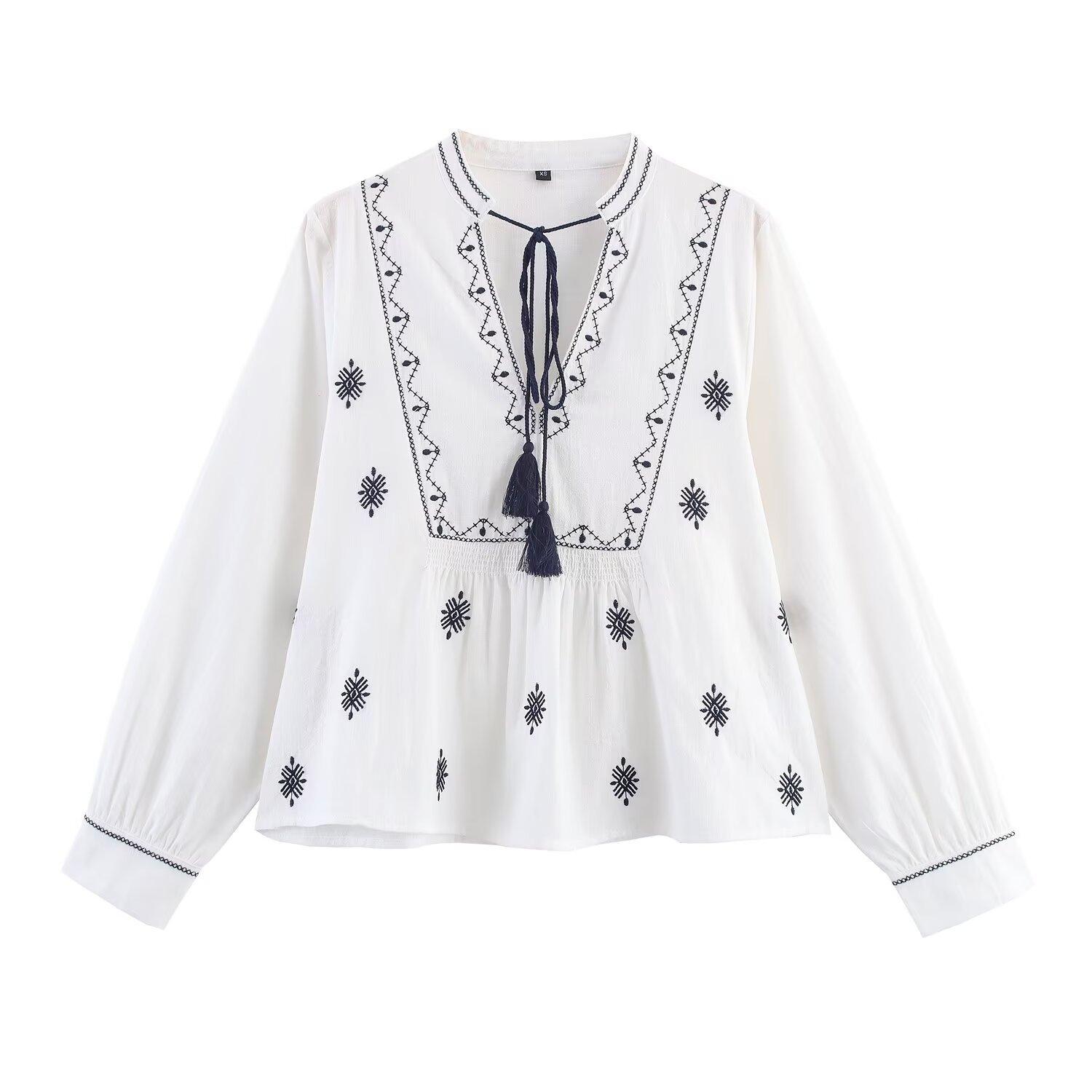 Women's Bohemian Embroidery V-Neck Tassel Blouse Ethnic Long Sleeve Cotton Blend Top Casual Spring Autumn Shirts For Women