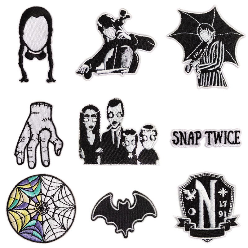 Wednesday Addams Gothic Embroidered Patches Iron On Thing Hand Spider Web Silhouette Patch For DIY Clothing Backpack Decoration Halloween Gifts