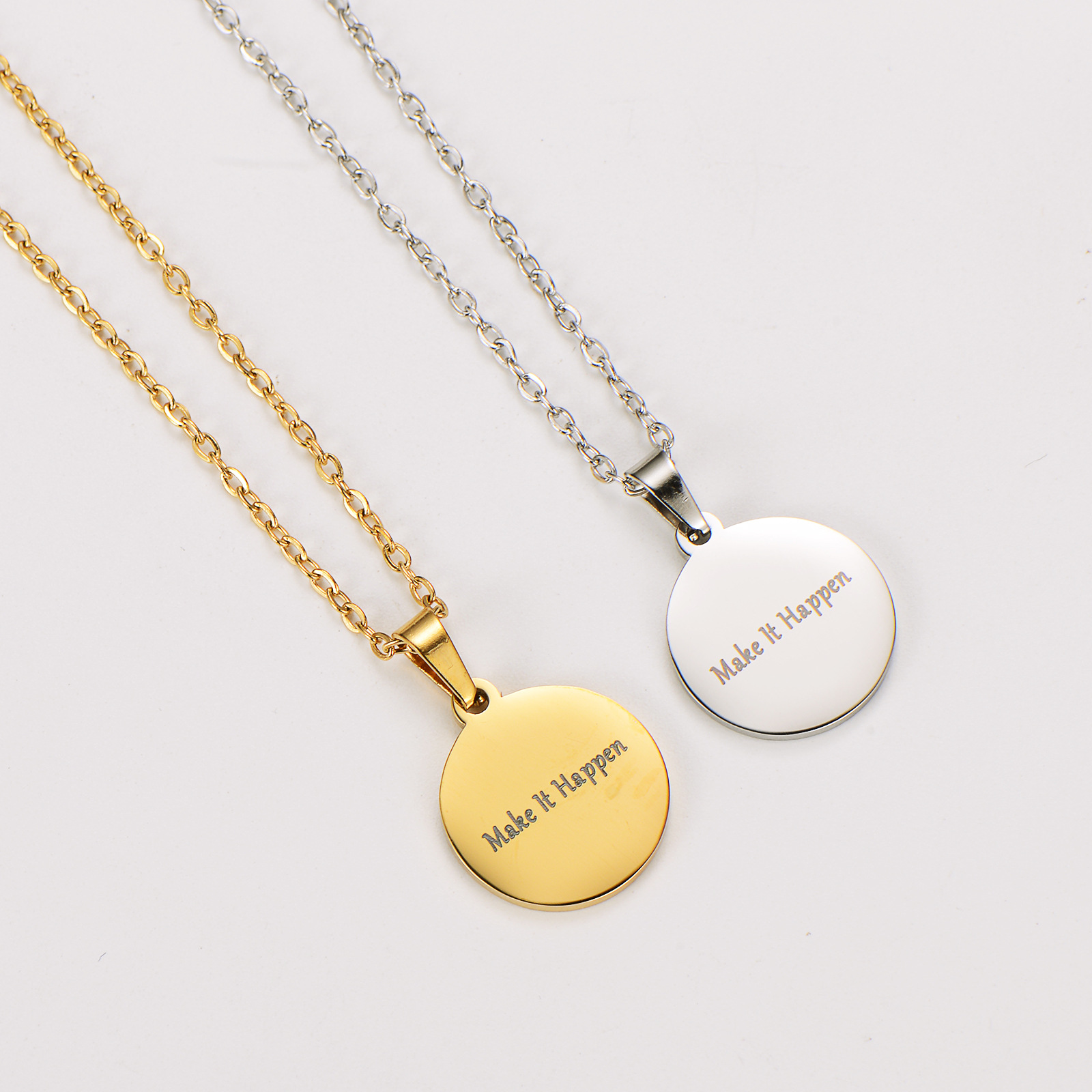 Inspirational Pendant Necklace 304 Stainless Steel 18K Gold Plated Engraved Make It Happen Round Disc Chain For Women Daily Wear Gift Jewelry